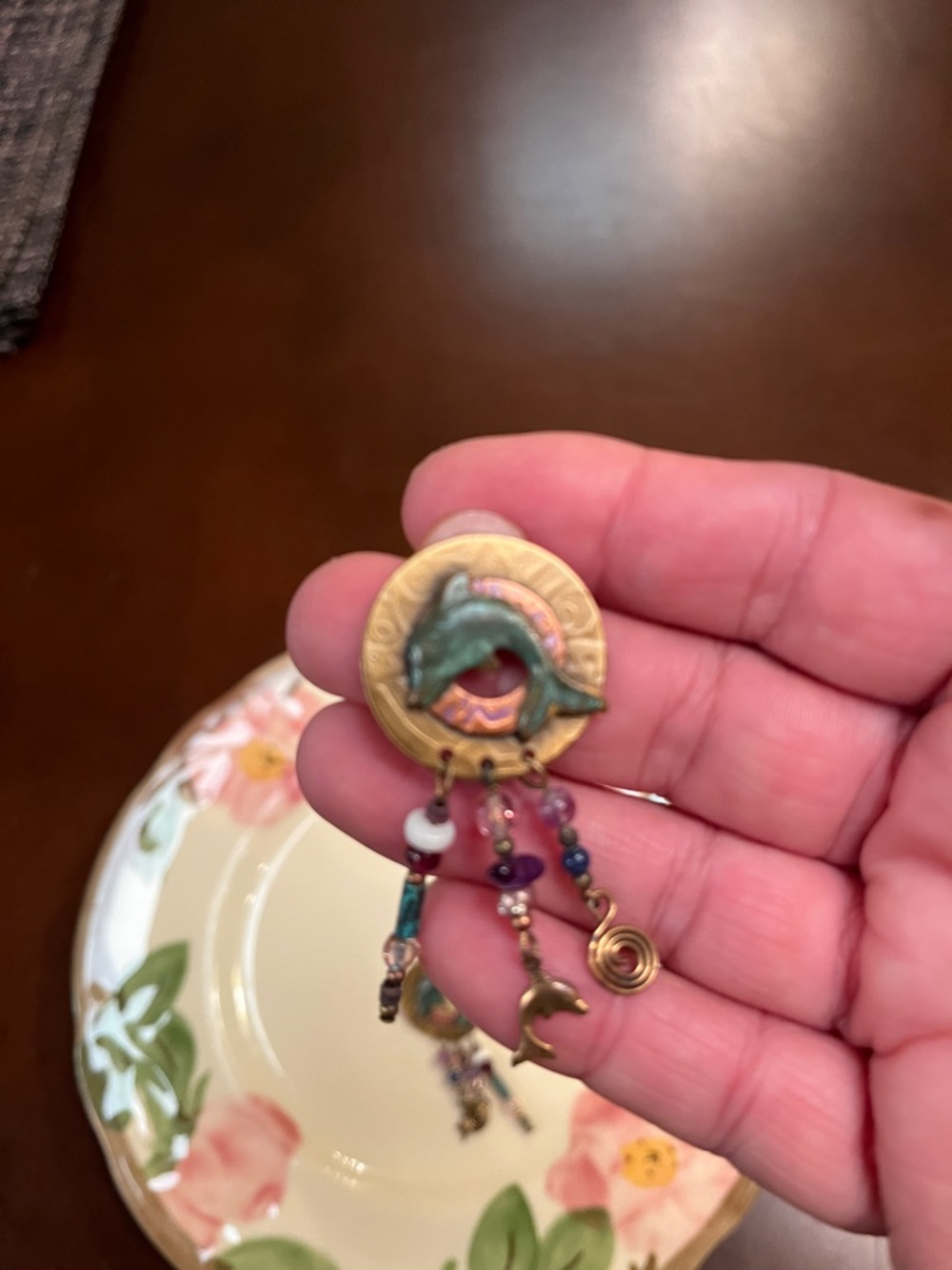 Artisan vintage 1990 Dolphin Drop Earrings - Teal & Purple Beads